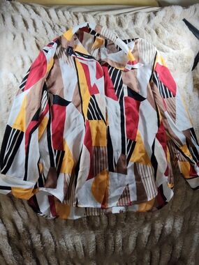 Abstract Geometric Print Women's Button-Up Shirt in Red, Yellow, Tan